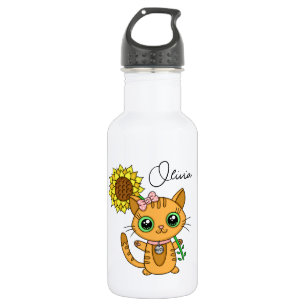 Personalized Cute Kawaii Cat Holding Flower   Stainless Steel Water Bottle