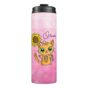 Personalized Cute Kawaii Cat Holding Flower Thermal Tumbler