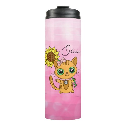 Personalized Cute Kawaii Cat Holding Flower  Thermal Tumbler