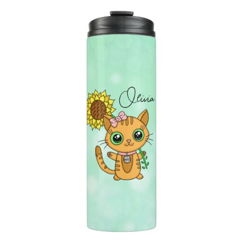 Personalized Cute Kawaii Cat Holding Flower  Thermal Tumbler