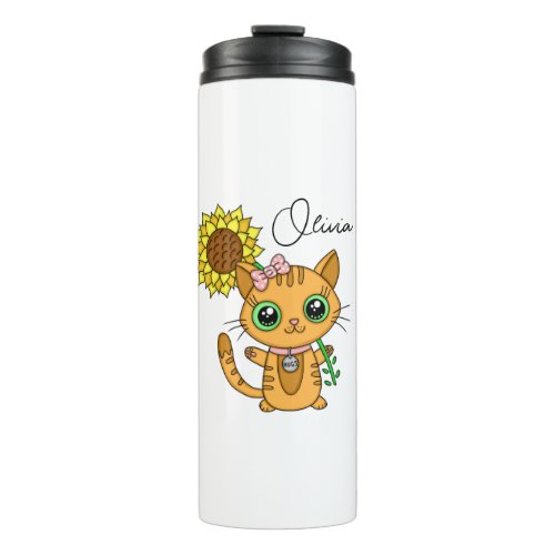 Personalized Cute Kawaii Cat Holding Flower   Thermal Tumbler