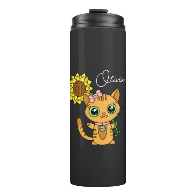 Personalized Cute Kawaii Cat Holding Flower   Thermal Tumbler (Front)