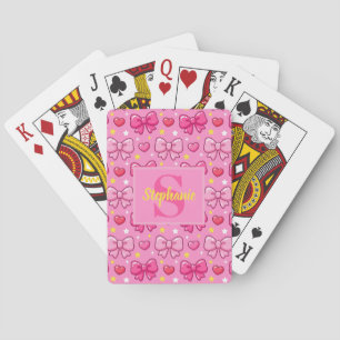 Personalized Cute Kawaii Girly Pink Bows Monogram Poker Cards