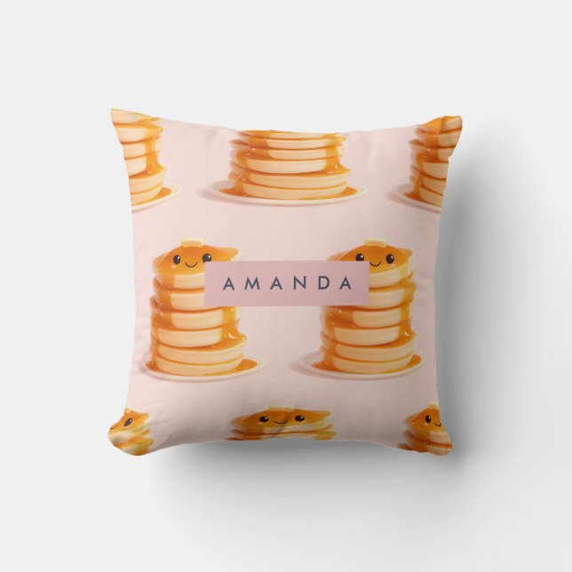 Personalized Cute Kawaii Pancake Stack with Syrup Throw Pillow (Front)