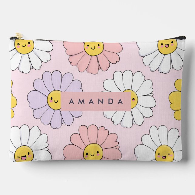 Personalized Cute Kawaii Pastel Daisy Flower Faces Accessory Pouch (Front)