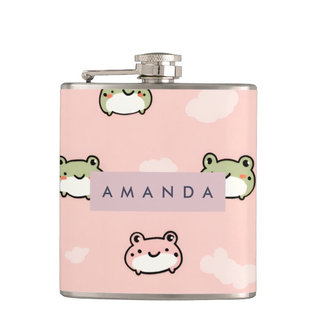Personalized Cute Kawaii Pastel Frog Design Pink Flask (Front)