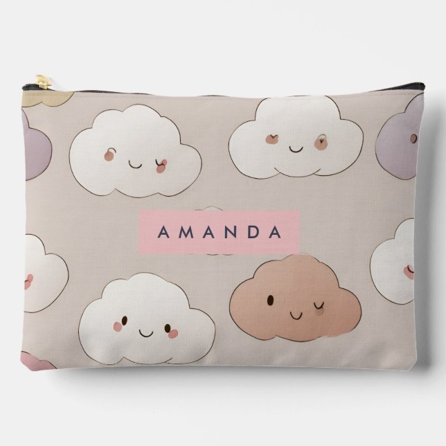 Personalized Cute Kawaii Pastel Smiling Clouds Accessory Pouch (Front)
