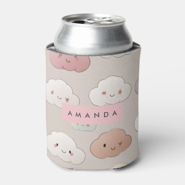 Personalized Cute Kawaii Pastel Smiling Clouds Can Cooler (Can Front)