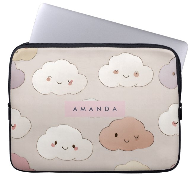 Personalized Cute Kawaii Pastel Smiling Clouds Laptop Sleeve (Front)