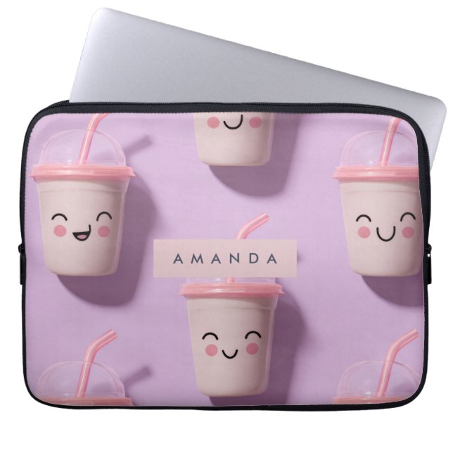 Personalized Cute Kawaii Pastel Smoothie Cup Faces Laptop Sleeve (Front)