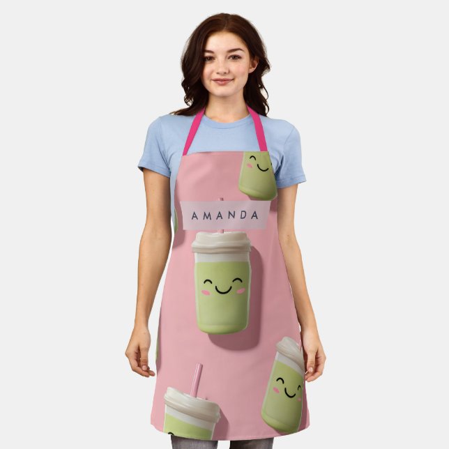 Personalized Cute Kawaii Pastel Smoothie Matcha Apron (Worn)