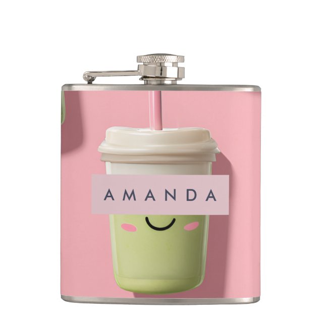 Personalized Cute Kawaii Pastel Smoothie Matcha Flask (Front)
