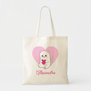 Personalized Cute Kawaii Pink Heart Cat Love Tote Bag