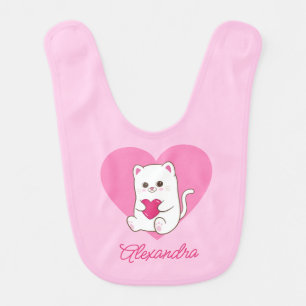 Personalized Cute Kawaii Pink Heart Cat Name Baby Bib