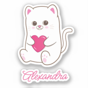 Personalized Cute Kawaii Pink Heart Cat Name Sticker