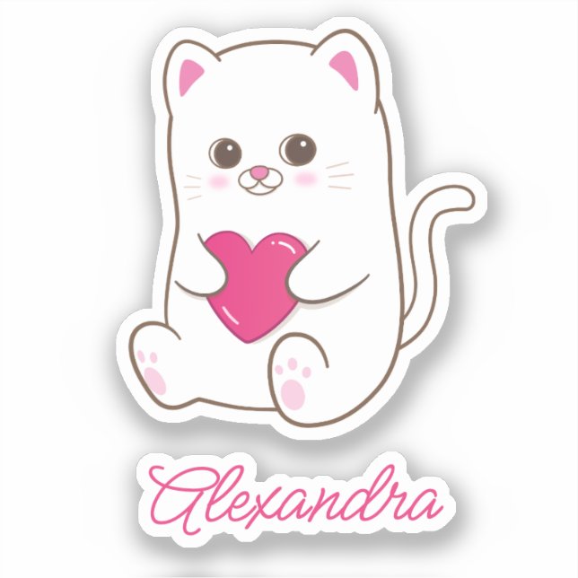 Personalized Cute Kawaii Pink Heart Cat Name Sticker (Front)