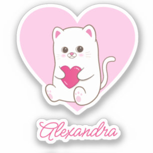 Personalized Cute Kawaii Pink Heart Cat Name Sticker