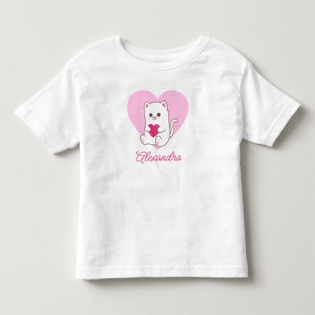 Personalized Cute Kawaii Pink Heart Cat Name Toddler T-shirt (Front)