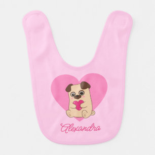 Personalized Cute Kawaii Pink Heart Pug Name Baby Bib