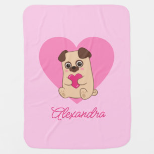 Personalized Cute Kawaii Pink Heart Pug Name Baby Blanket