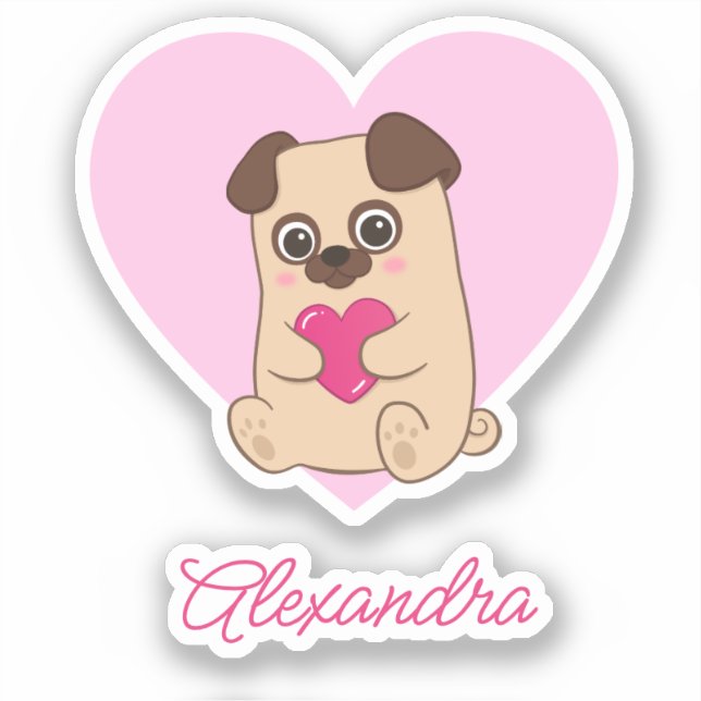 Personalized Cute Kawaii Pink Heart Pug Name Sticker (Front)