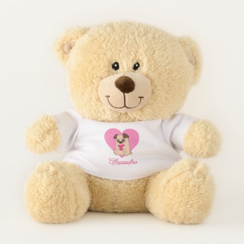 Personalized Cute Kawaii Pink Heart Pug Name Teddy Bear