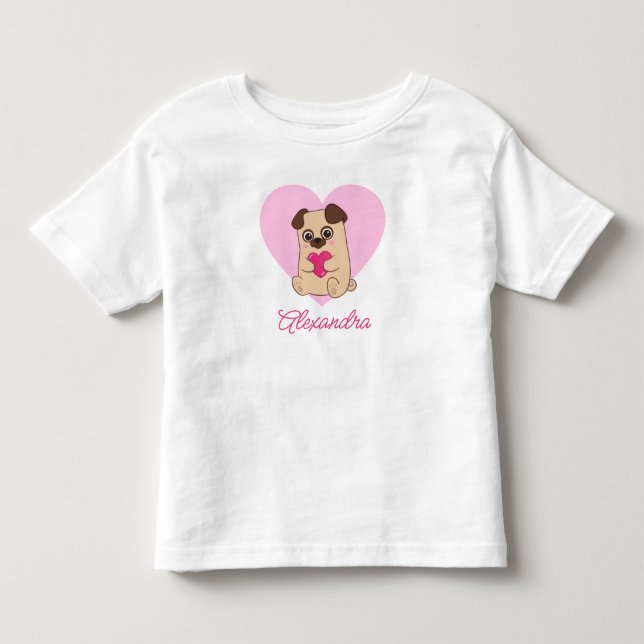 Personalized Cute Kawaii Pink Heart Pug Name Toddler T-shirt (Front)