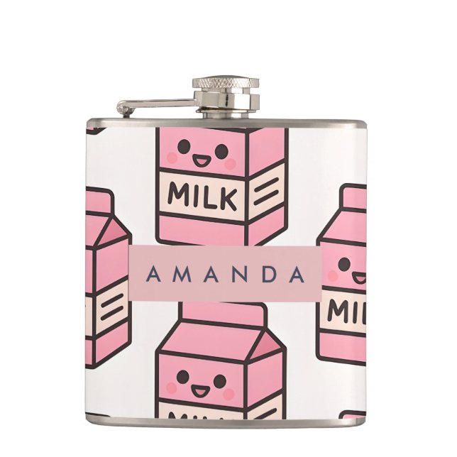 Personalized Cute Kawaii Pink Milk Carton Design Flask (Front)