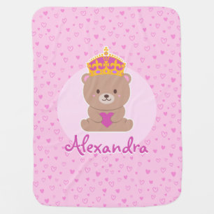 Personalized Cute Kawaii Pink Royal Princess Bear Baby Blanket