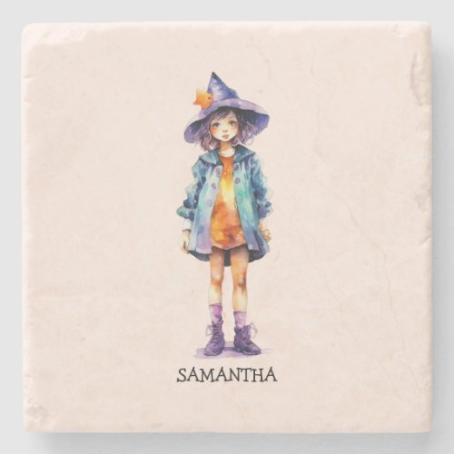Personalized Cute Kid Witch Halloween 2 Stone Coaster