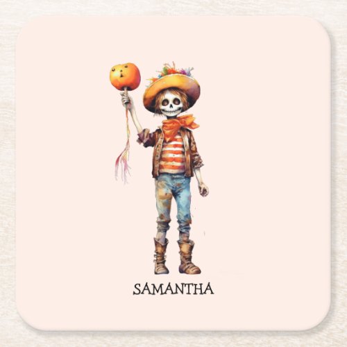 Personalized Cute Kid Zombie Halloween 3 Square Paper Coaster