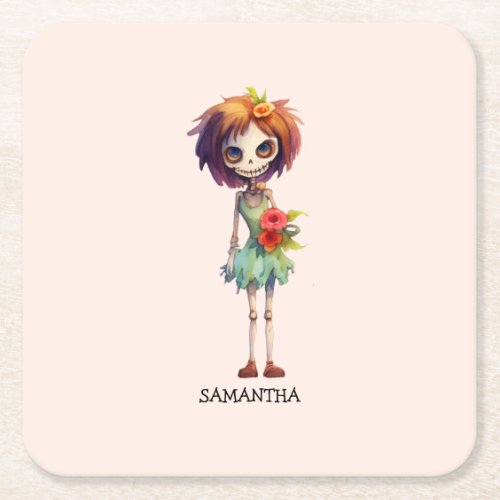 Personalized Cute Kid Zombie Halloween 4 Square Paper Coaster