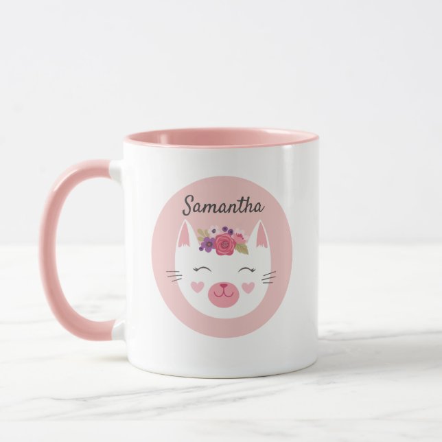 Personalized Cute Kids Pink Valentine Cat Mug (Left)