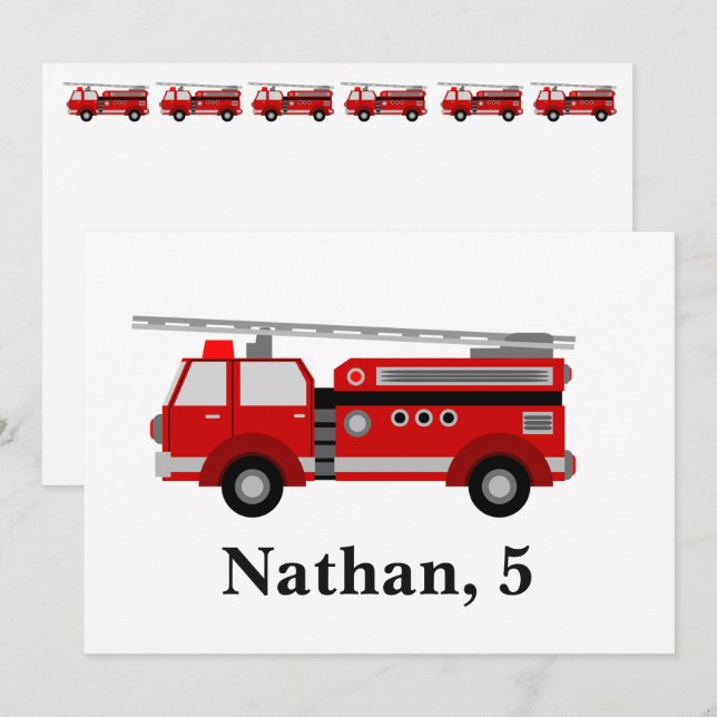 Personalized Cute Kids Red Firetruck Invitation (Front/Back)