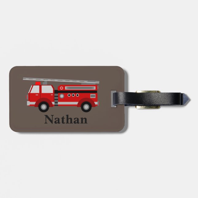 Personalized Cute Kids Red Firetruck luggage tag (Back Horizontal)