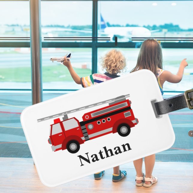 Personalized Cute Kids Red Firetruck luggage tag (cute modern red fire engine luggage tag for boys love fire truck gift christmas stocking filler)