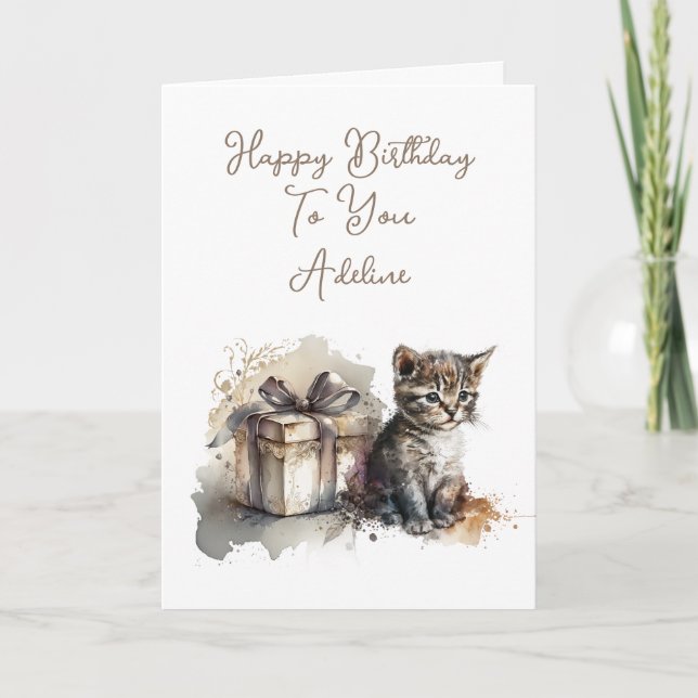Personalized Cute Kitten and Birthday Gift Card (Front)
