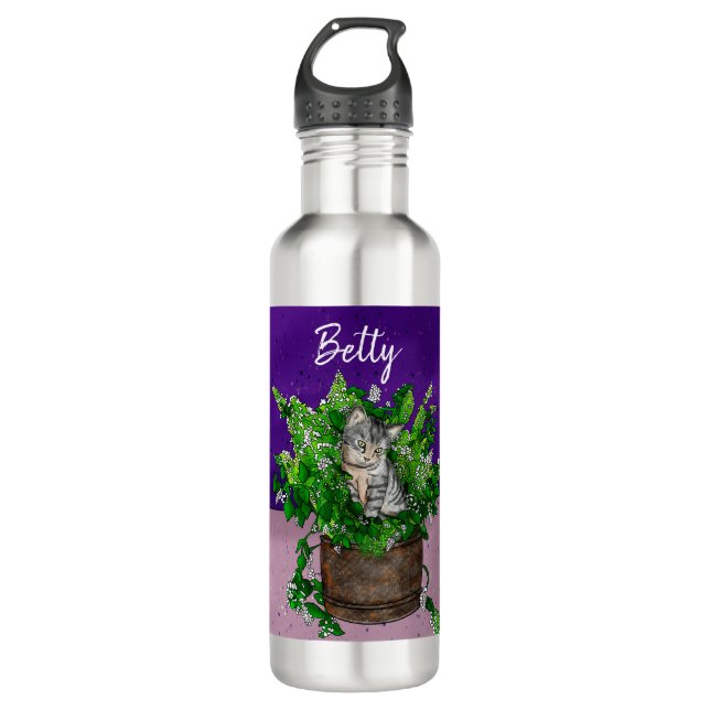 Personalized Cute Kitten in Catnip Pot   Stainless Steel Water Bottle (Front)
