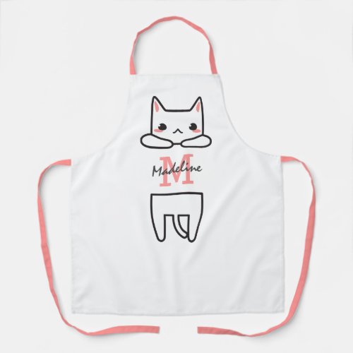 Personalized Cute Kitten Name Apron - Cute cat apron featuring a white kitten, your initial, and name in a personalized script font.