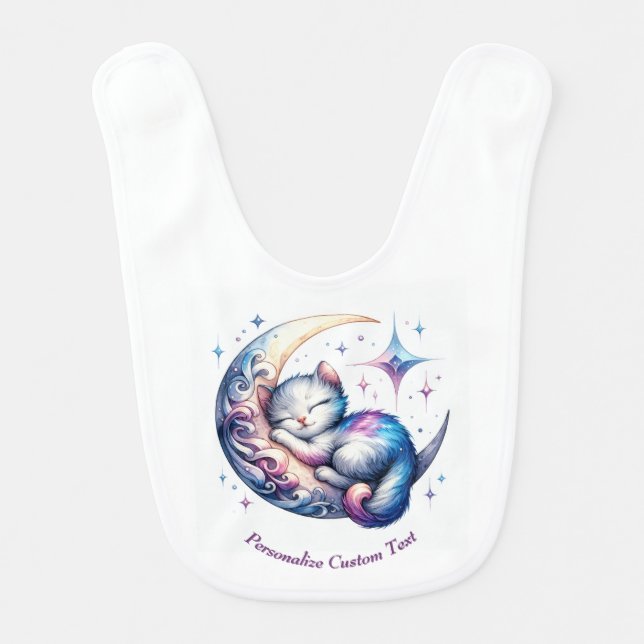 Personalized Cute Kitten Sleeping on a Half Moon Baby Bib (Front)