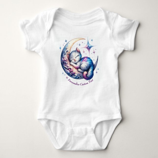 Personalized Cute Kitten Sleeping on a Half Moon Baby Bodysuit (Front)