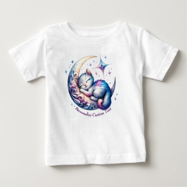 Personalized Cute Kitten Sleeping on a Half Moon Baby T-Shirt (Front)