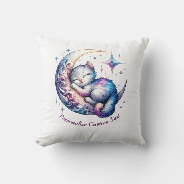 Personalized Cute Kitten Sleeping on a Half Moon Throw Pillow (Front)