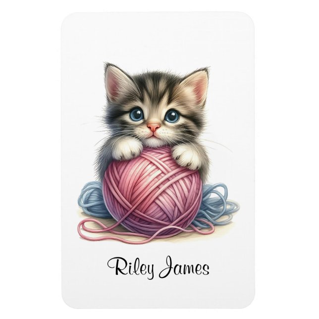Personalized Cute Kitten with Ball of Yarn  Magnet (Vertical)