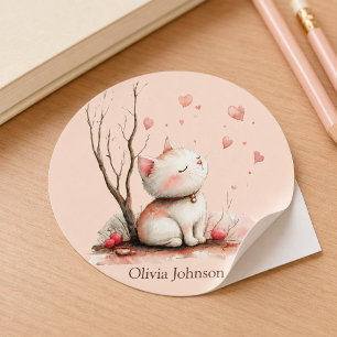 Personalized Cute Kitten with Hearts Classic Round Sticker