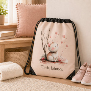 Personalized Cute Kitten with Hearts Drawstring Bag