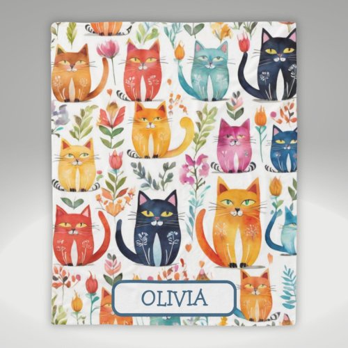 Personalized Cute Kittens and Flowers Pattern Fleece Blanket
