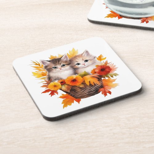Personalized Cute Kittens Cats in Basket Beverage Coaster