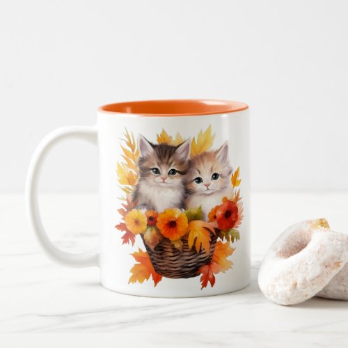 Personalized Cute Kittens Cats in Basket Two_Tone Coffee Mug