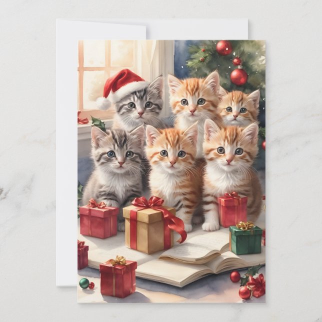 Personalized Cute Kittens Christmas Tree Flat Card (Front)